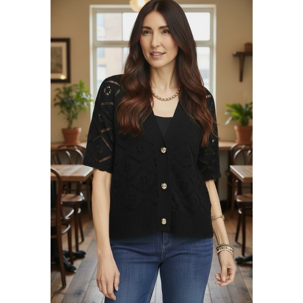 Chico’s Sz 3 US XL Short Button-down Cardigan Black Gold Buttons Cotton Blend